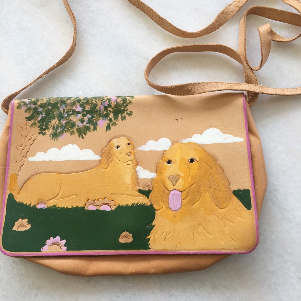 Hand-Painted Golden Retriever Crossbody Bag - Peach, Green, Pink